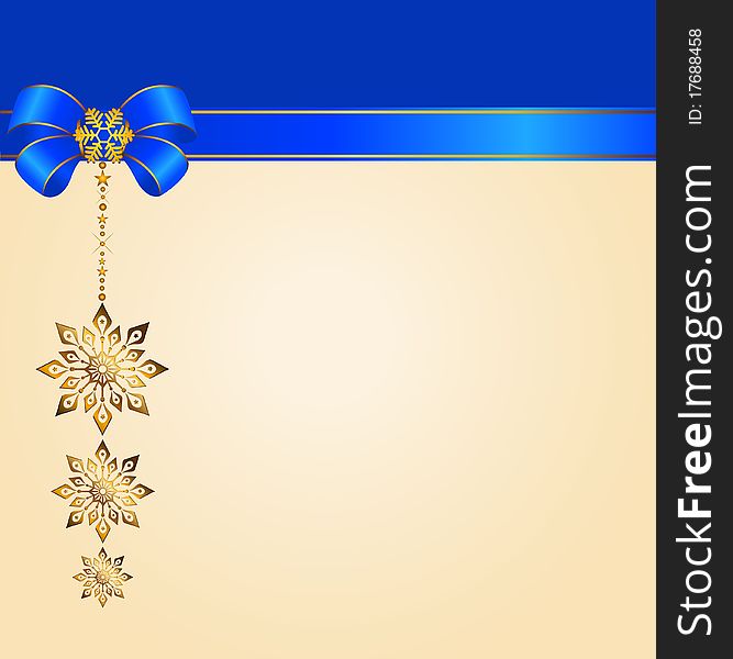 Christmas background with blue bow and snowflakes