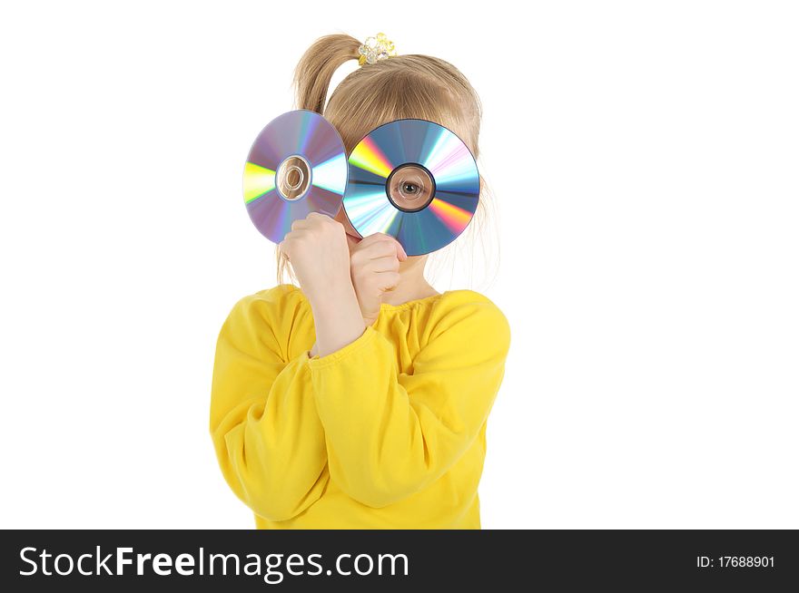 Little girl With CD isolated in white