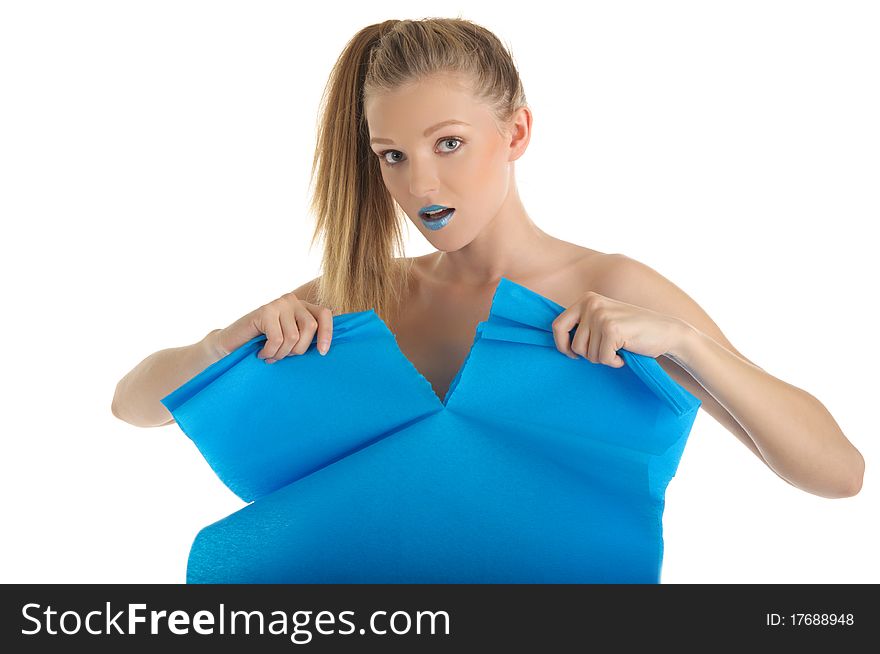 Young woman with blue sheet of paper isolated in white