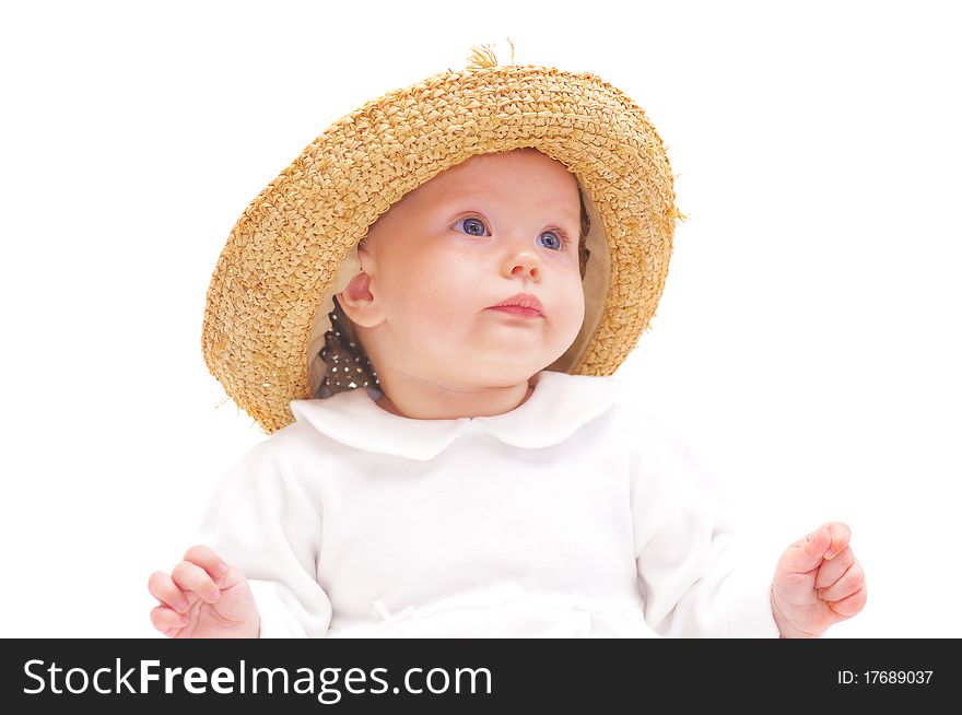 Beautiful baby, straw hat, isolated on white. Beautiful baby, straw hat, isolated on white