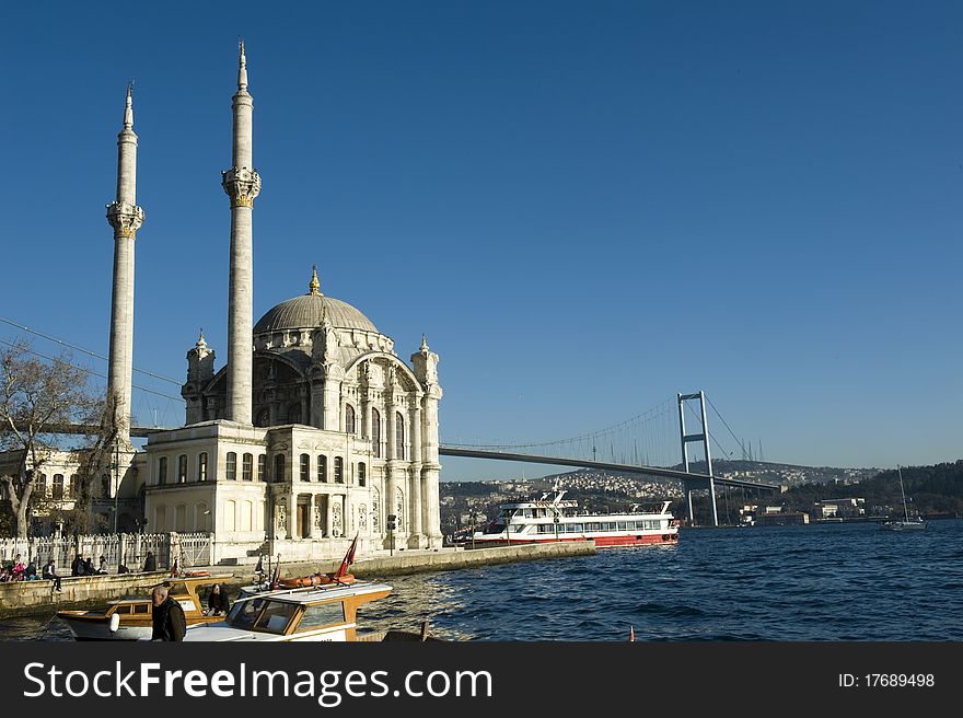 A beautiful view of Ortakoy Mosque and Bosphorus bridge in Istanbul, Turkey. A beautiful view of Ortakoy Mosque and Bosphorus bridge in Istanbul, Turkey