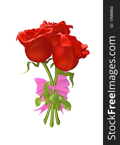 3D roses tied together with a ribbon, isolated on white background.
