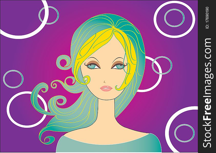 Abstract women illustration pink blue yellow flower hair face