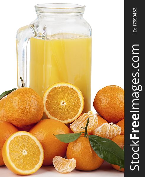 Fresh orange juice and just-picked oranges, Tangerine. Fresh orange juice and just-picked oranges, Tangerine