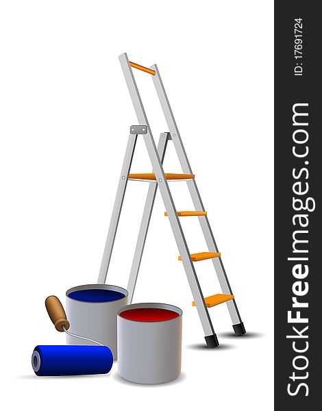 Illustration of steps, paint drums and roller on white background