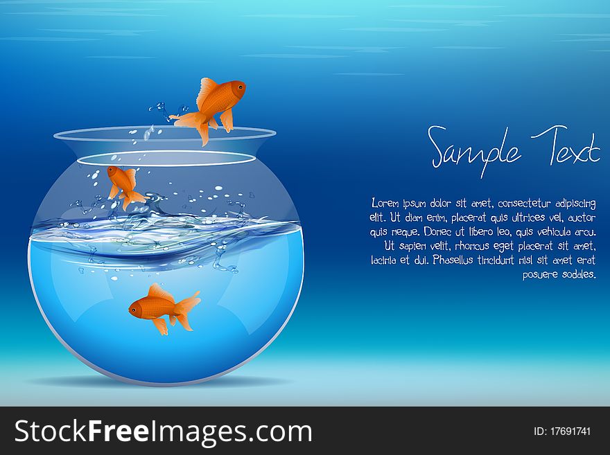 Illustration of fishes jumping out of tank on abstract background