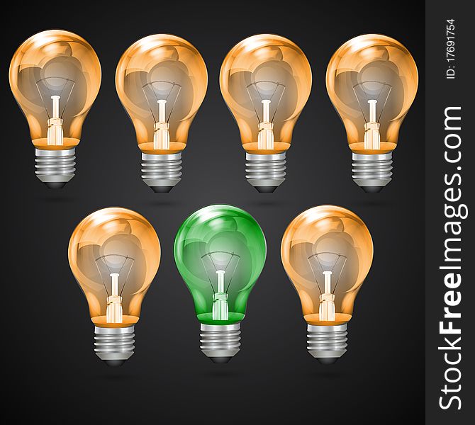 Illustration of electric bulbs on black background