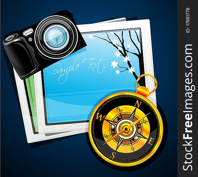 Illustration of compass with camera and pictures on abstract background
