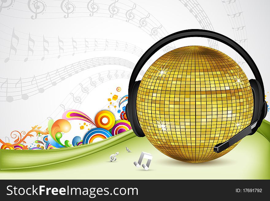 Illustration of discoball with head phone on colorful background