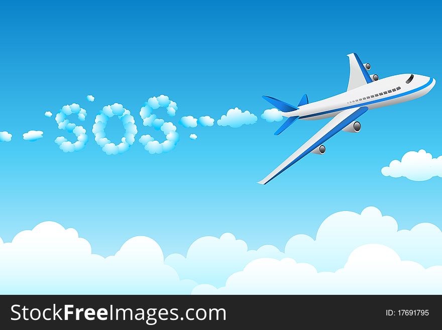 Illustration of aeroplane with cloudy sos on abstract background