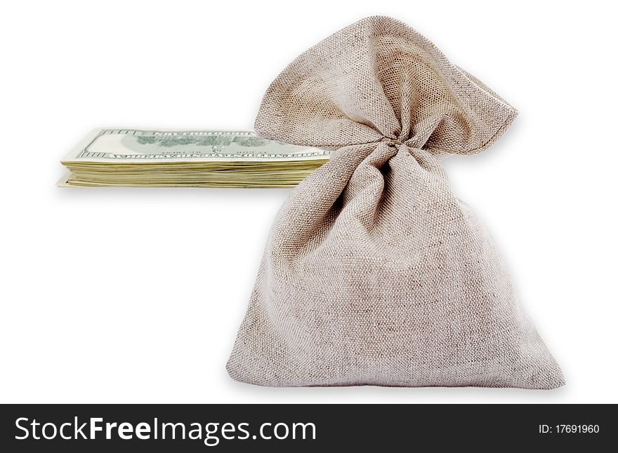 Horizontal photo with bag and dollars isolated on the white background. Horizontal photo with bag and dollars isolated on the white background.