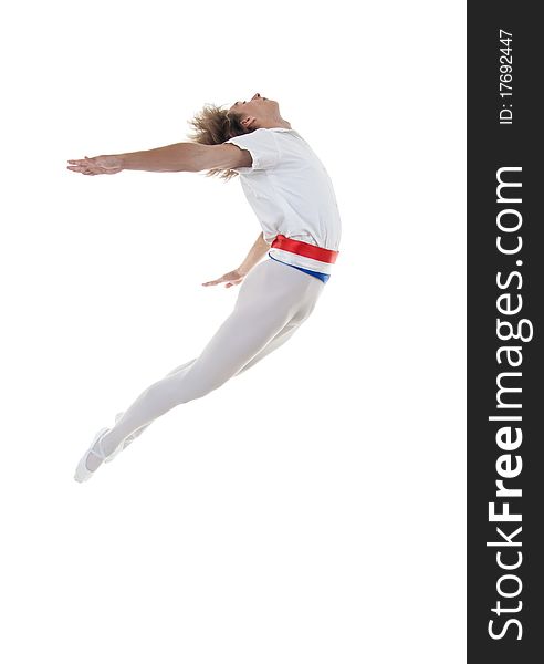 Young modern dancer jumping over white background