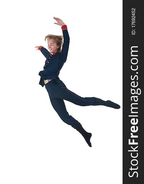 Young and stylish modern ballet dancer jumping on