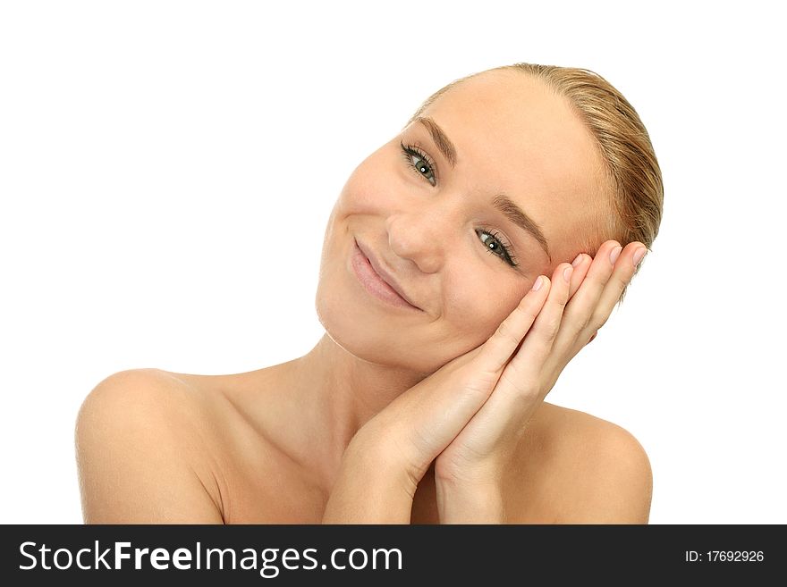 Portrait of a cute young woman sleeping on hands isolated background. Portrait of a cute young woman sleeping on hands isolated background