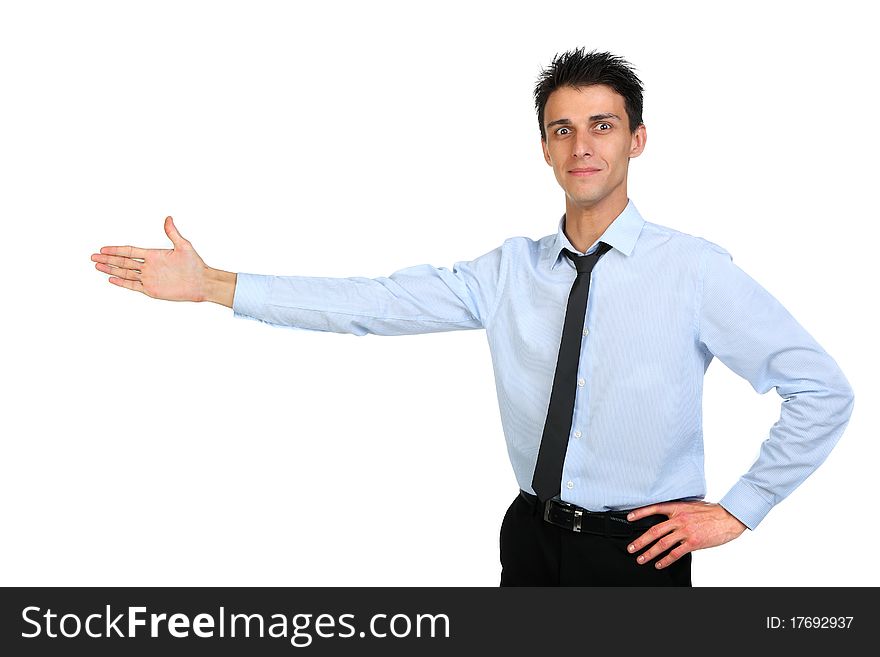 Portrait of young business man pointing