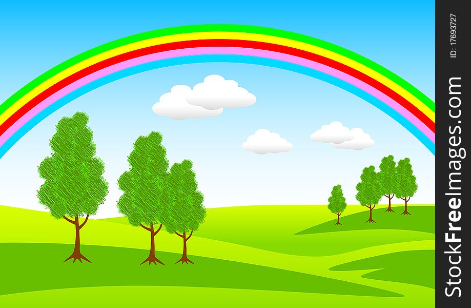 Spring landscape with coloured rainbow