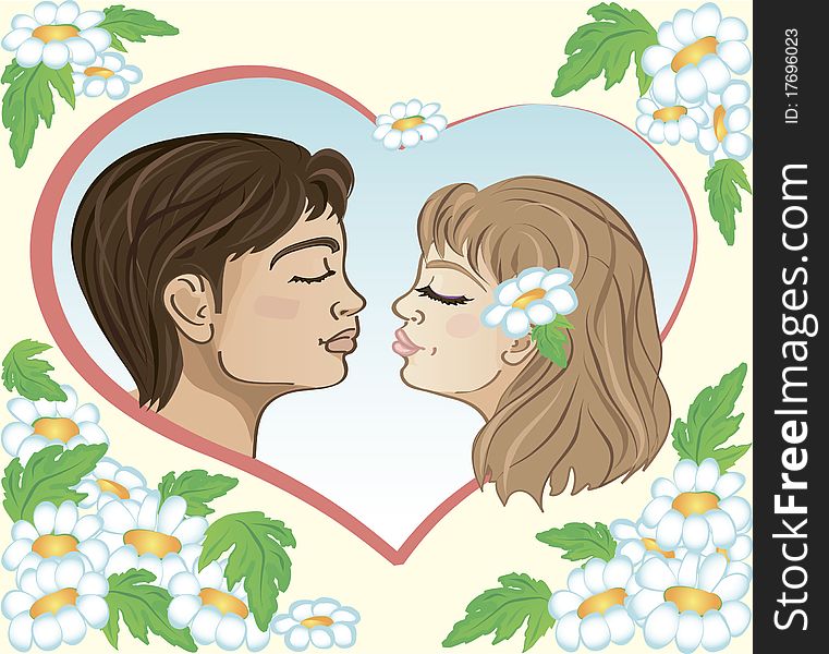 Illustration of a first loving teenage kiss on a floral background. Illustration of a first loving teenage kiss on a floral background