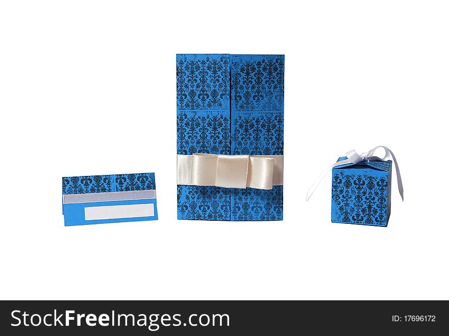 Blue gift box and invitation on white. Blue gift box and invitation on white