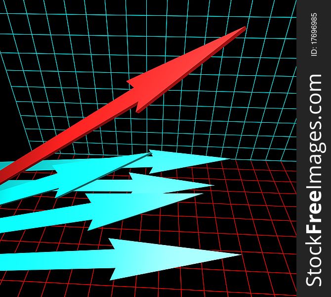 Blue arrows and one red on the cell diagram. 3d computer modeling