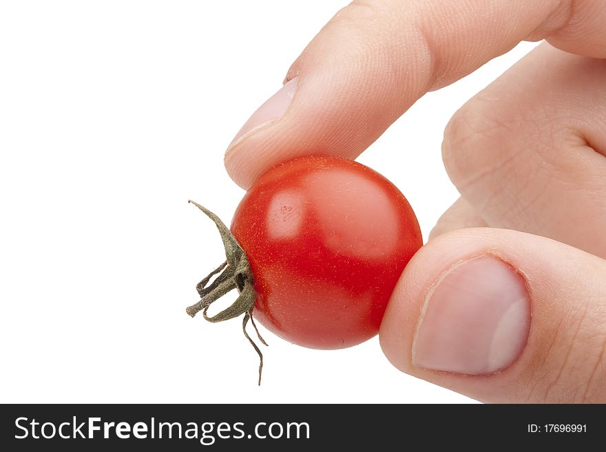 A small red tomato in the men's hand.