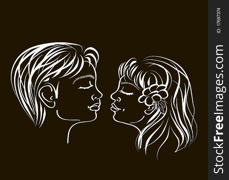 Hand drawn and artistic illustration of a first loving teenage kiss on black. Hand drawn and artistic illustration of a first loving teenage kiss on black