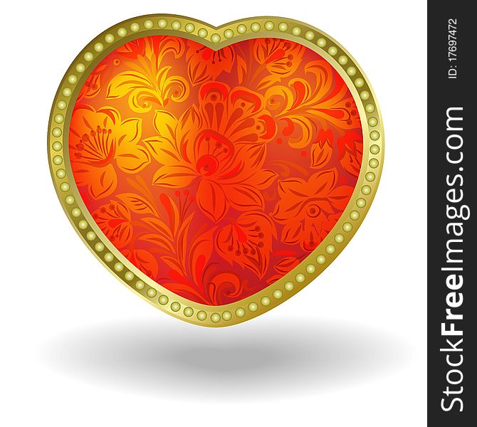 Red heart with red floral ornament isolated on a white