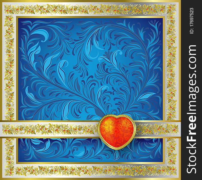 Valentines blue greeting with red heart and gold floral frame. Valentines blue greeting with red heart and gold floral frame