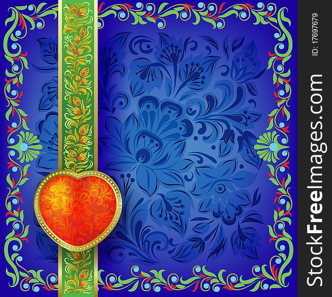 Valentines greeting with red heart on blue background