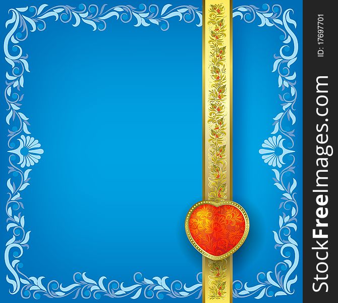 Valentines greeting with red heart on blue floral background