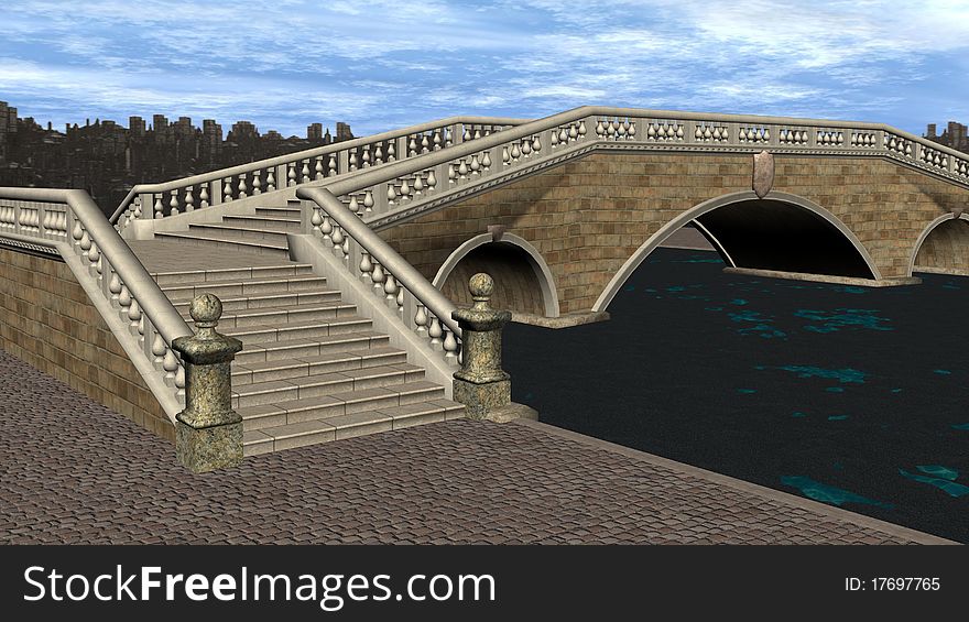 3D render of a foot bridge of a canal.  Image is sized for a widescreen monitor. 3D render of a foot bridge of a canal.  Image is sized for a widescreen monitor.