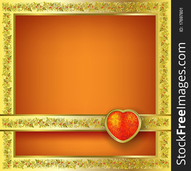 Valentines greeting with red heart on orange floral background