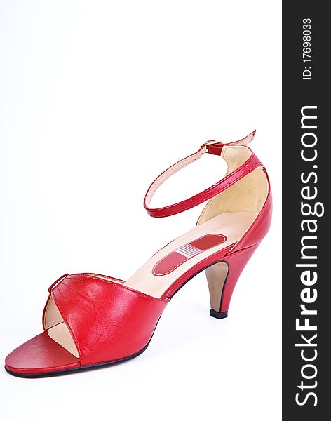 Red womans elegant shoes on white background