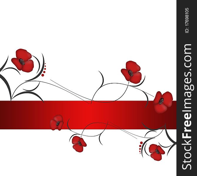 Background with abstrct red flowers and red ribbon on white. Background with abstrct red flowers and red ribbon on white