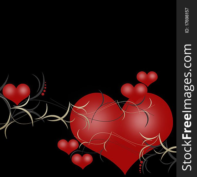 Valentines background with red hearts and floral pattern on black