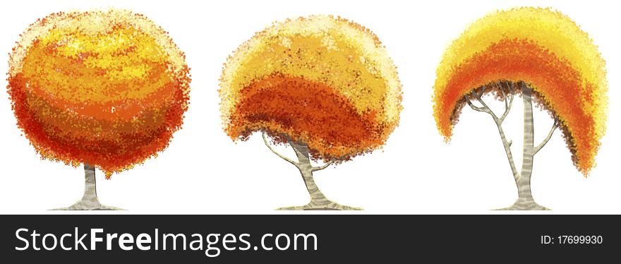 3 digital painted autumn trees. 3 digital painted autumn trees