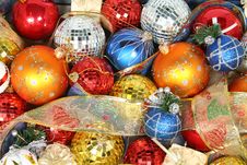 Christmas Ornaments Of Different Color And Gift Ribbons Royalty Free Stock Photos Christmas Ornaments Of Different Color And Gift Ribbons Royalty Free Stock Photos