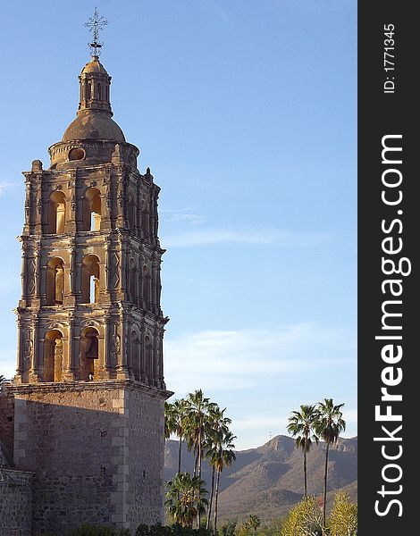 General view of the tower of the church of the town of Alamos, in the northern state of Sonora, Mexico, Latin America