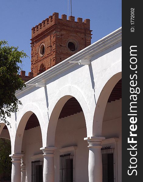 Detail of the wall with its archway of a colonial house in the town of Alamos in the northern state of Sonora, Mexico, Latin America