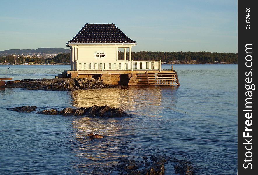 A bathhouse with terasses and stairs to the sea. A duck i swimming in the sea. Oslofjorden, Norway.