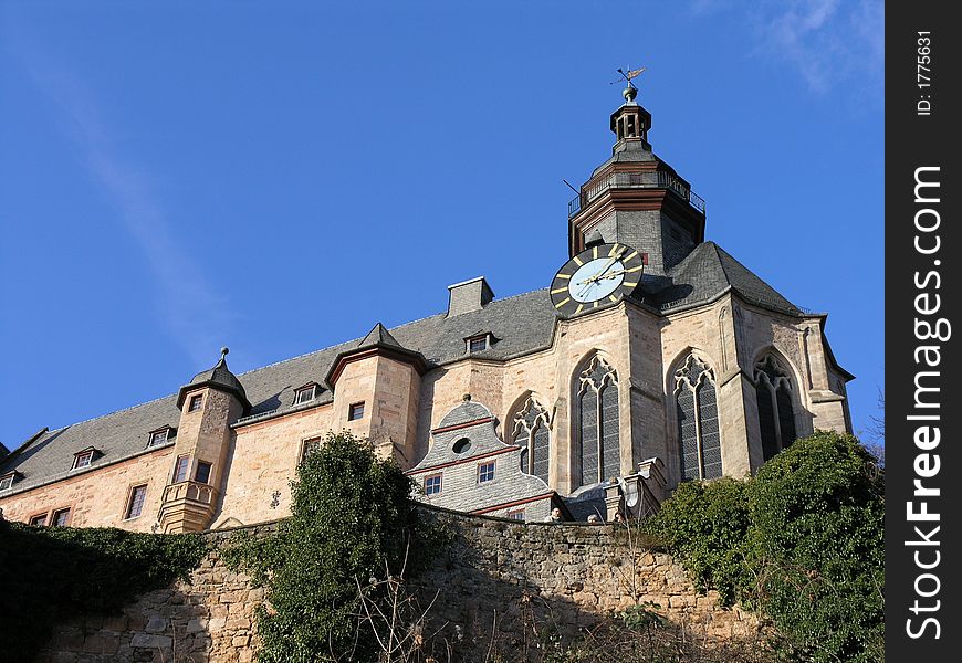 Head-on view of the castle of the city Marburg located in the federal state of Hessen in Germany. Head-on view of the castle of the city Marburg located in the federal state of Hessen in Germany.