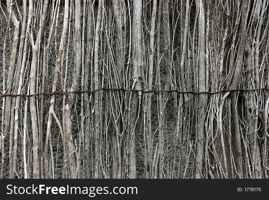 Horizontal wooden willow fencing with one strand of metal wire holding it together.