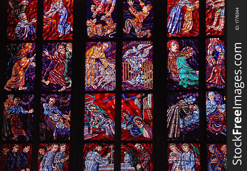 Stained glass church window from a St. Vitus cathedral in Prague Castle , Prague, Czech.