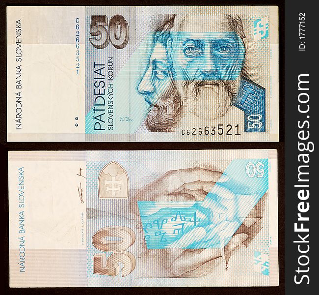 Slovenska currency note front and back. Slovenska currency note front and back