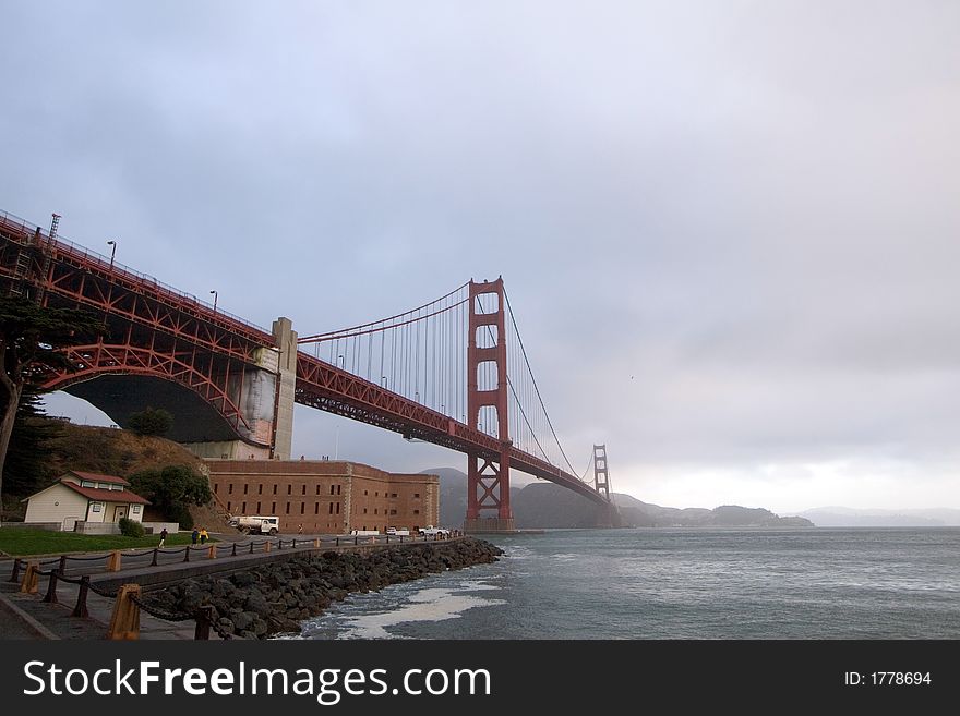 View of the Golden Gate Bridge from Fort Point, at sunrise