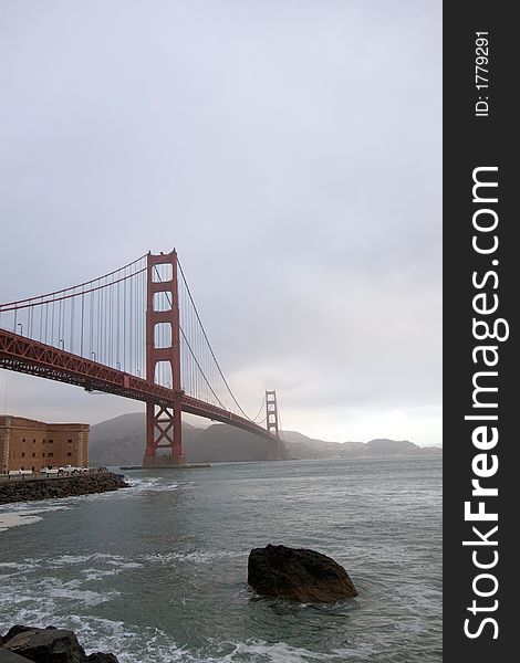 View of the Golden Gate Bridge from Fort Point, at sunrise