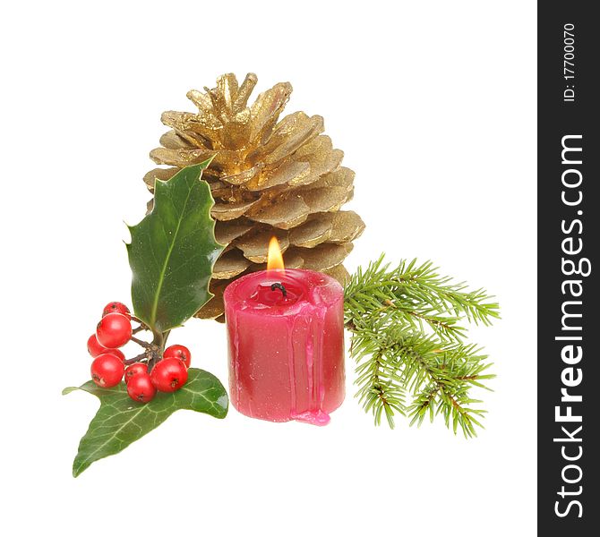 Christmas Themed Foliage And Candle