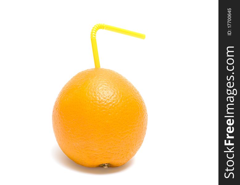 Orange with yellow drinking straw it is isolated on a white background. Orange with yellow drinking straw it is isolated on a white background.