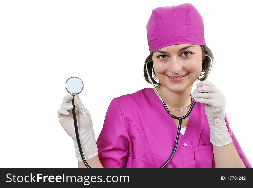 Attractive lady doctor on a over white background