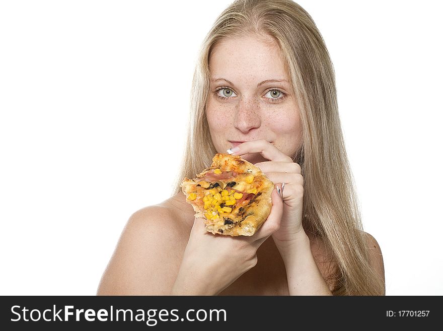 Young Woman Eating Pizza