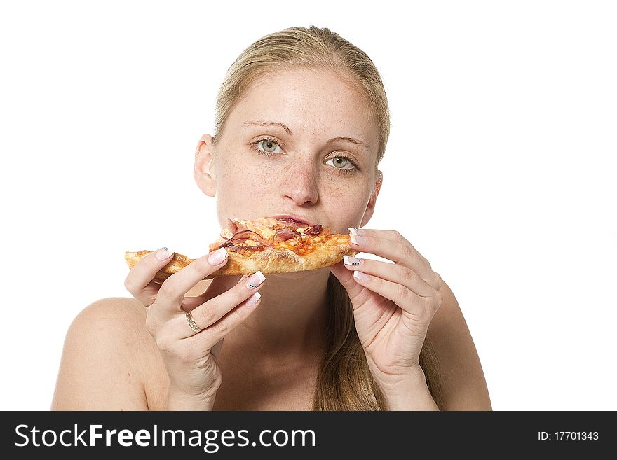 Young happy woman eating pizza, isolated on white. Young happy woman eating pizza, isolated on white
